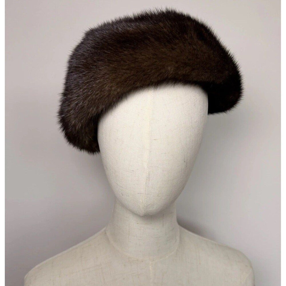 Vintage 50s 60s Dark Brown Genuine Mink Fur Beret Hat Cap Size 22.5